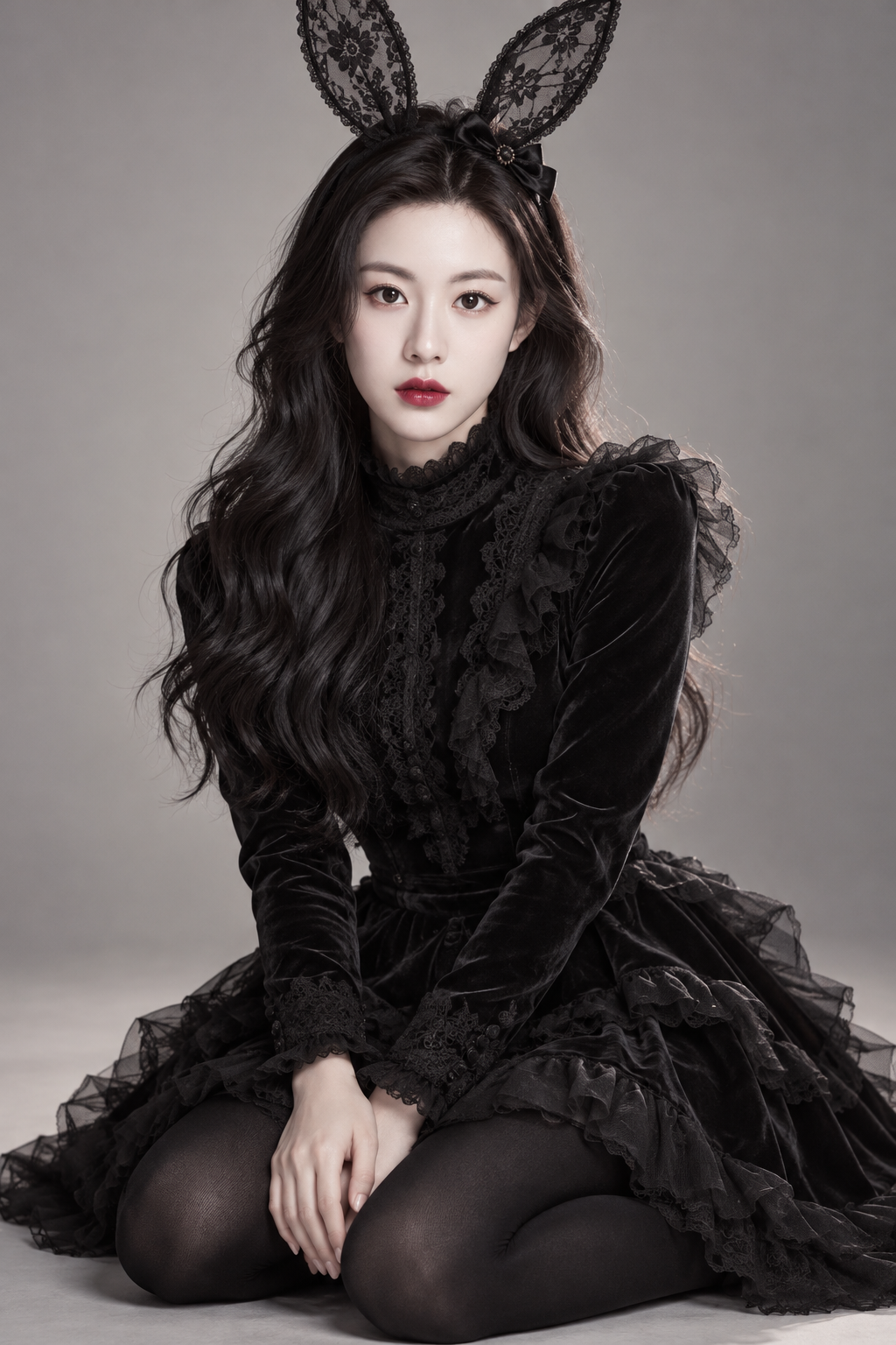 Chân dung thời trang người lớn tai thỏ Gothic trong studio