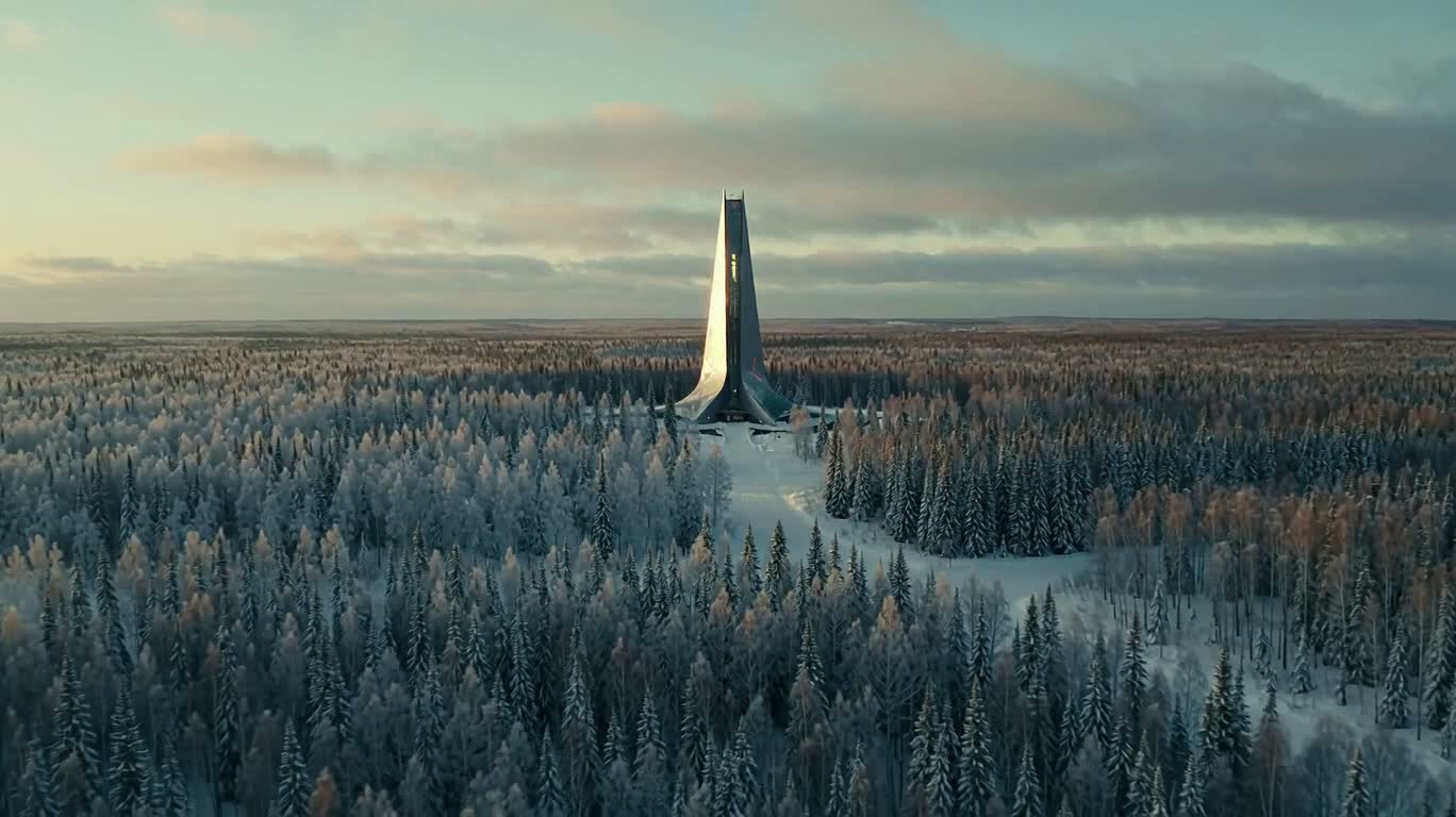 Lame des neiges : gratte-ciel futuriste dans la taïga