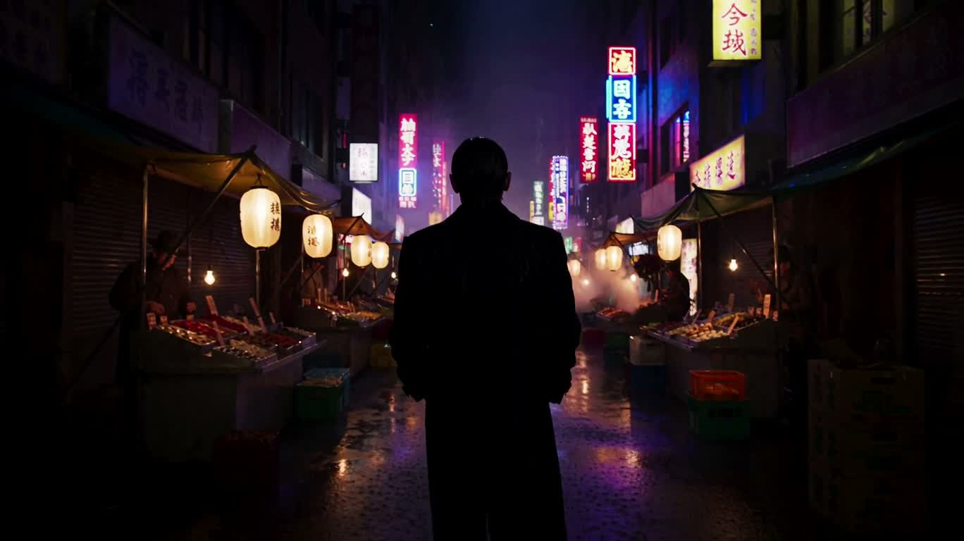 Promenade dans un marché nocturne sous la pluie néon
