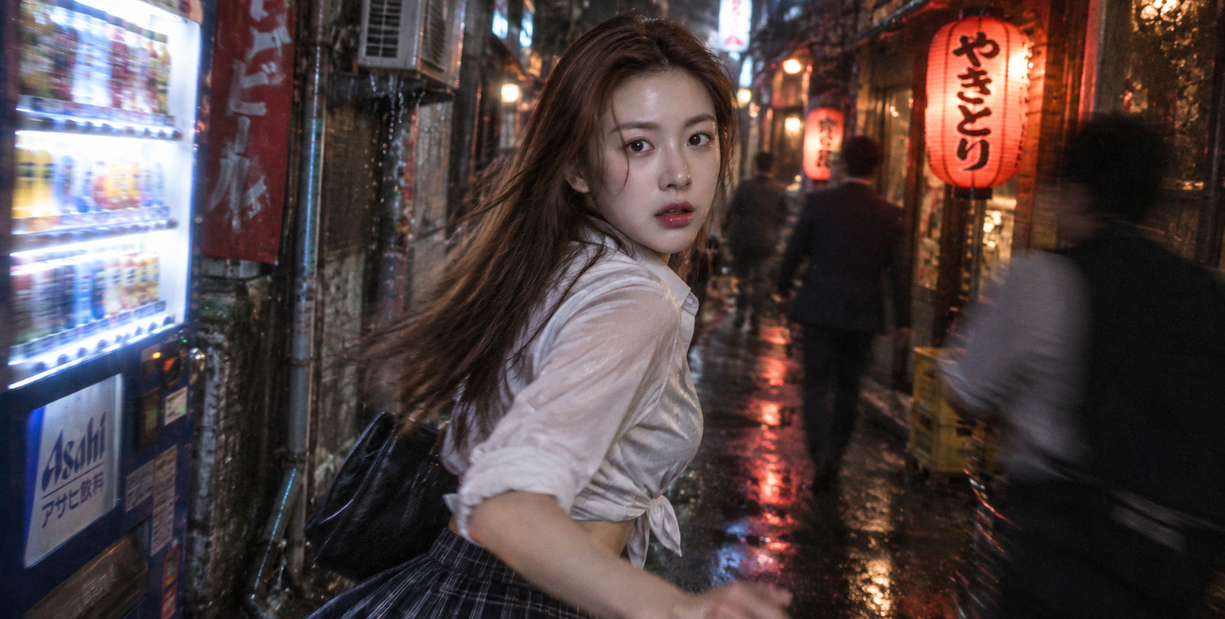 High-grain snapshot in a narrow Tokyo alley lit by neon
