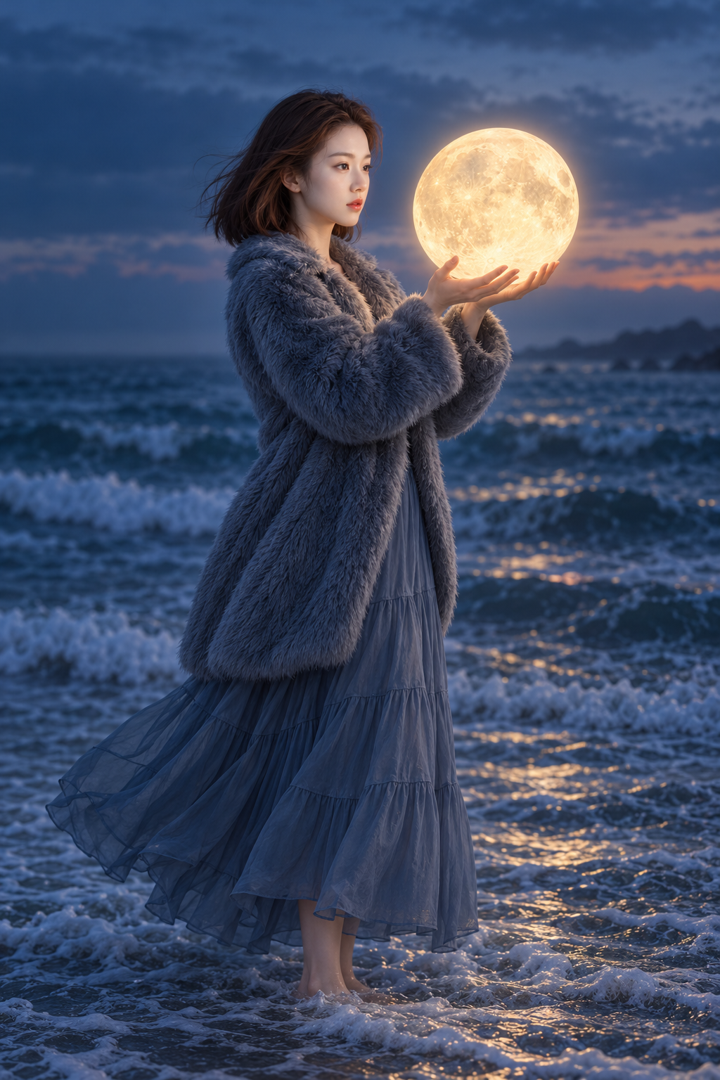 暮色海畔成年女性手捧发光月球 — AI image creation