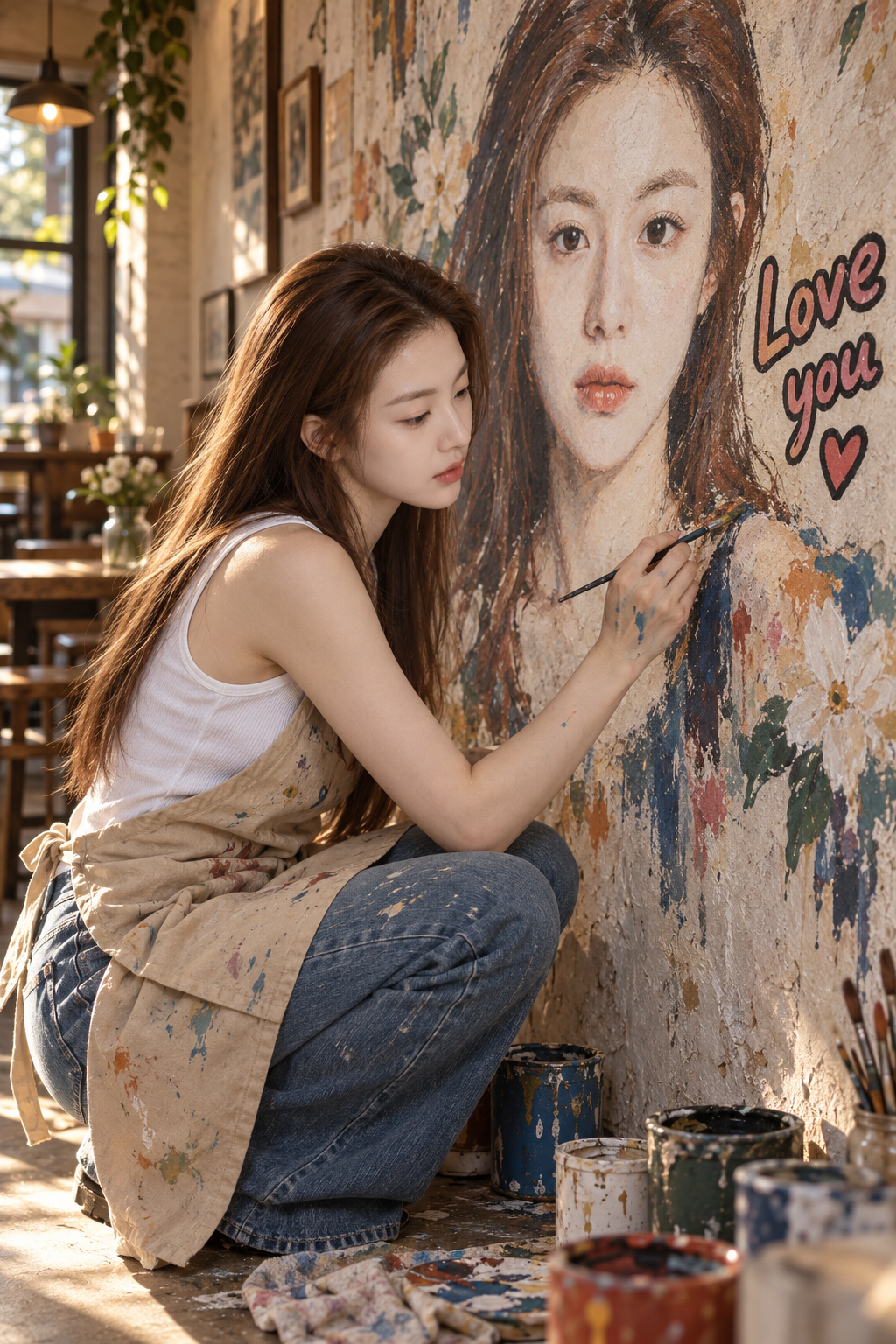 Realistic editorial portrait of an artist painting a mural in a café