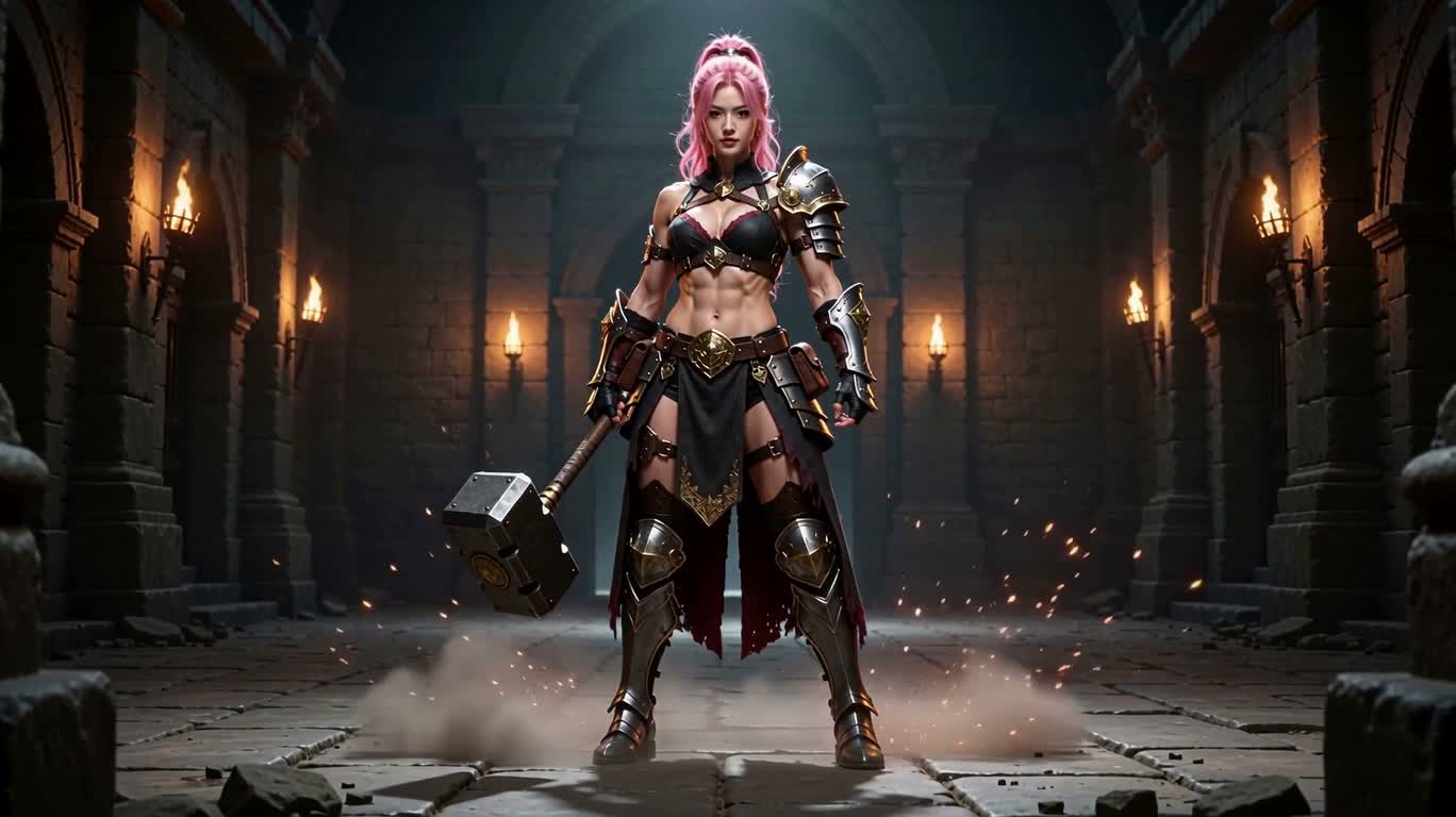 ピンク髪の怪力女戦士のファンタジー決闘
