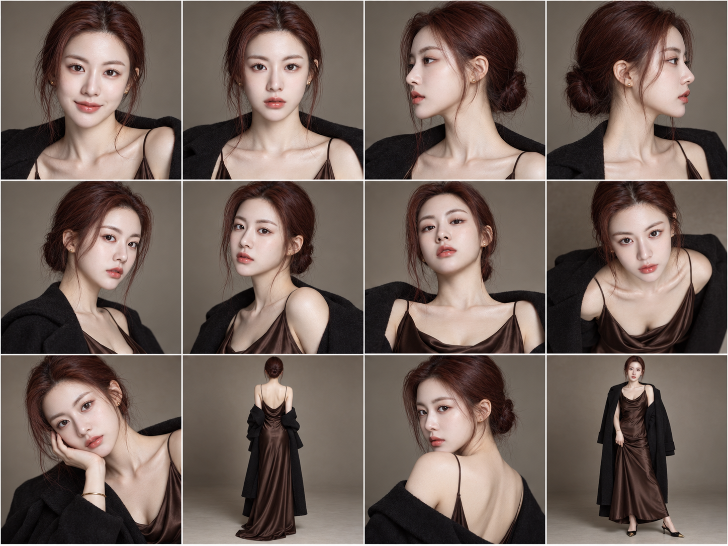 Burgundy-Haired Fashion Editor: 12-Angle 3×4 Full-Body Contact Sheet