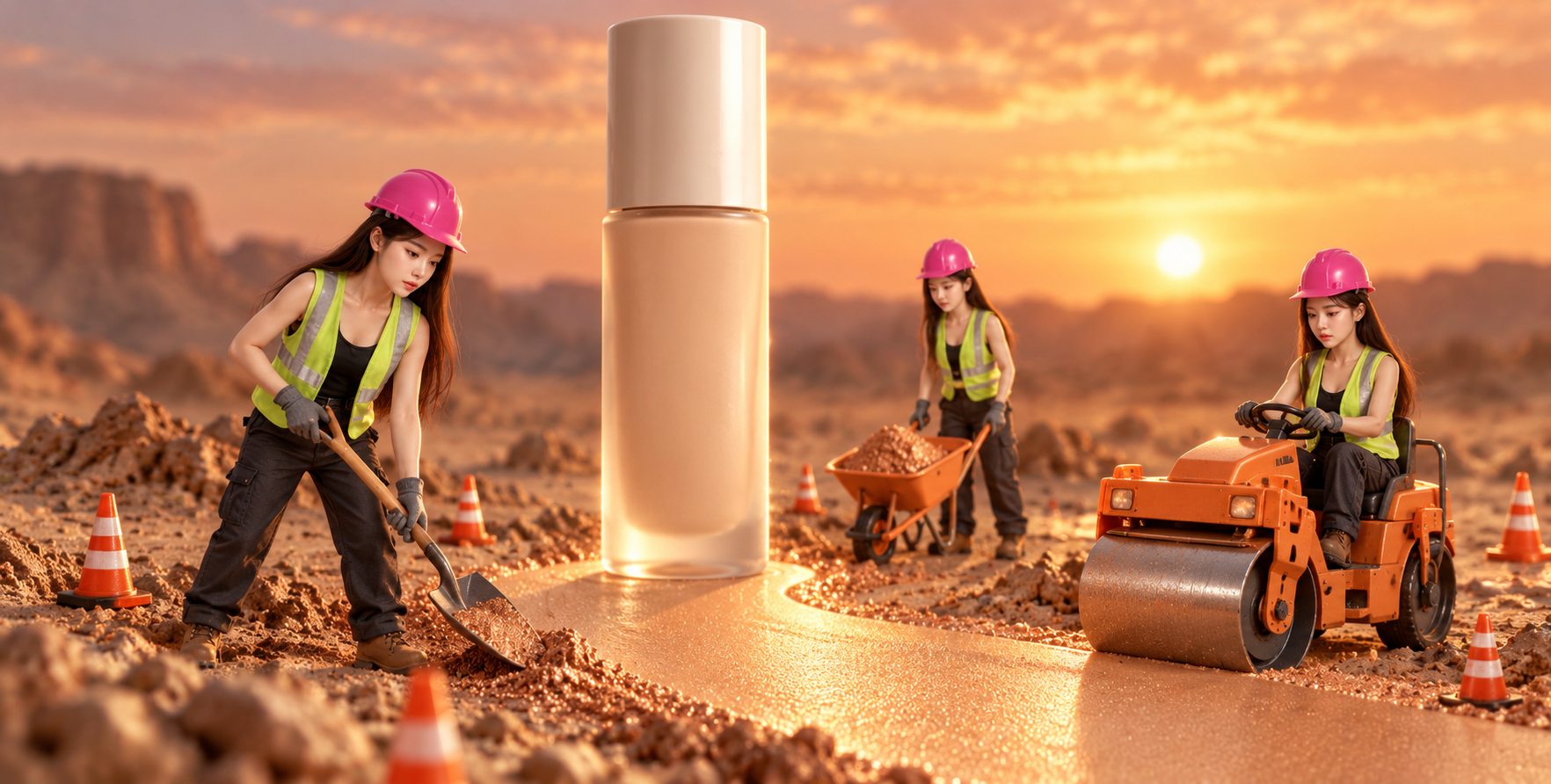Quảng cáo chai kem nền cao cấp tại công trường thu nhỏ giữa sa mạc