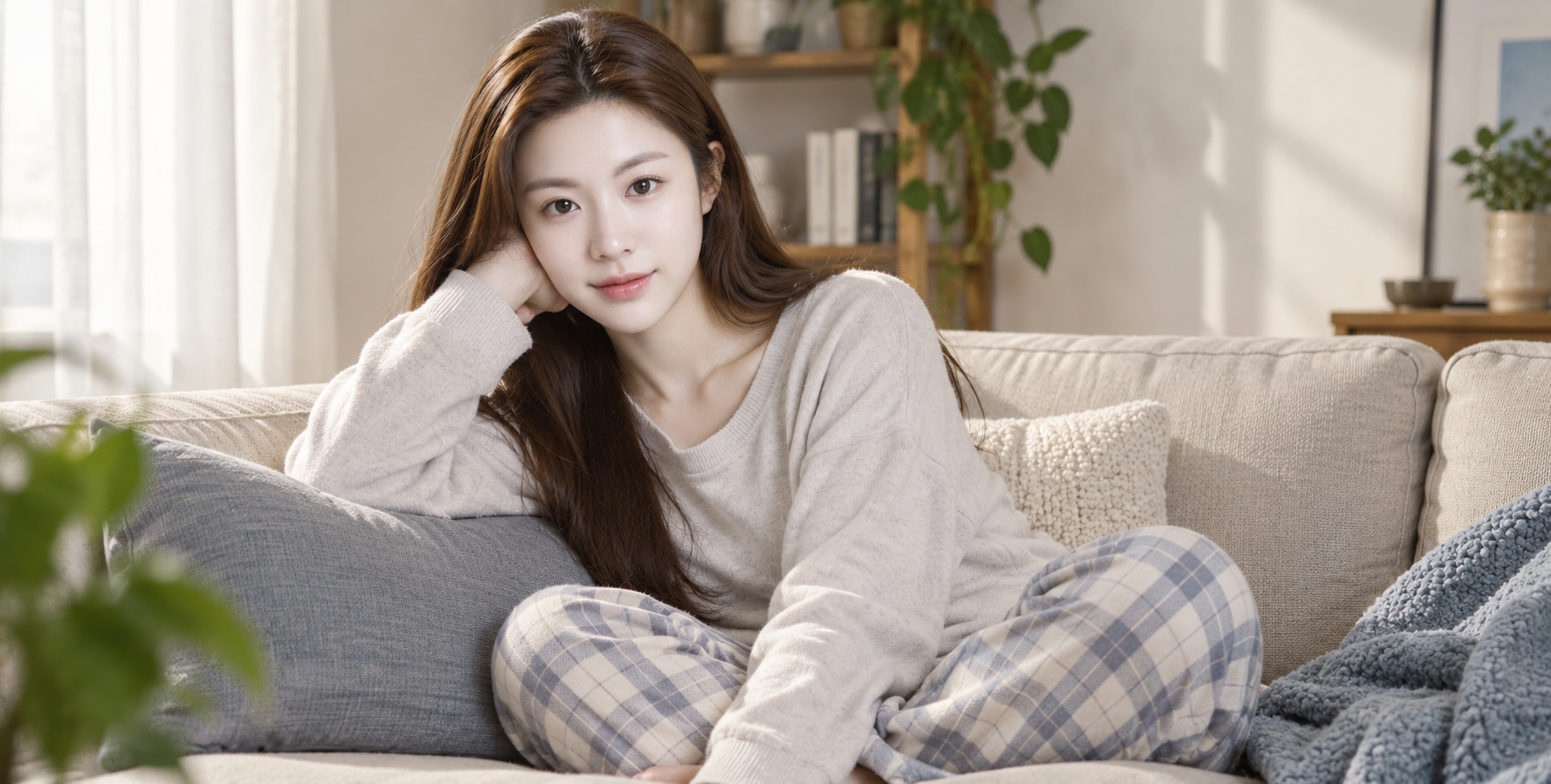 周六沙发上的慵懒Z世代女孩
