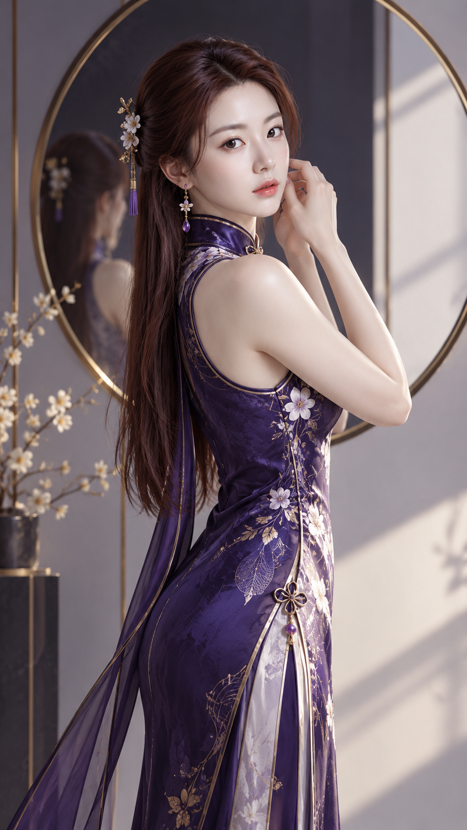 둥근 거울 앞 성인 여성의 미니멀 신중식 일러스트