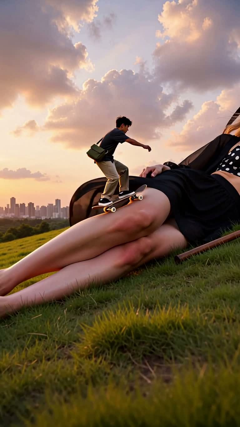 Voyage en mini-skateboard au coucher du soleil