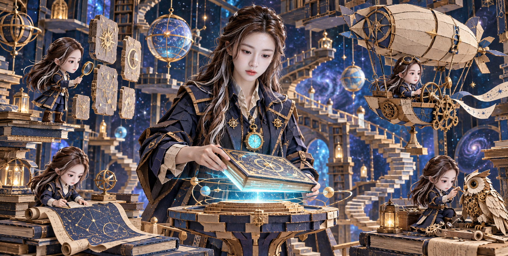 漂浮宇宙图书馆中的蒸汽朋克纸雕探险家