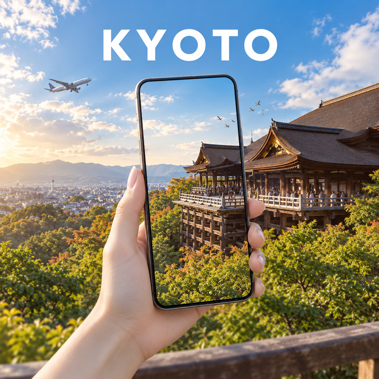 手机屏幕延展的京都地标旅行广告 — AI image creation