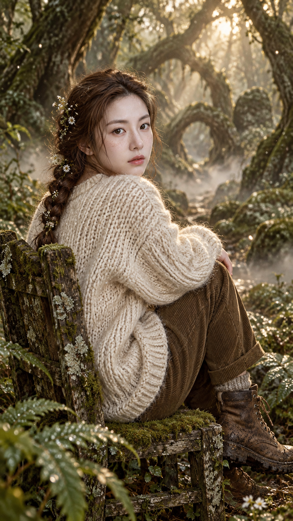 晨雾原始森林中的成年女性沉思肖像