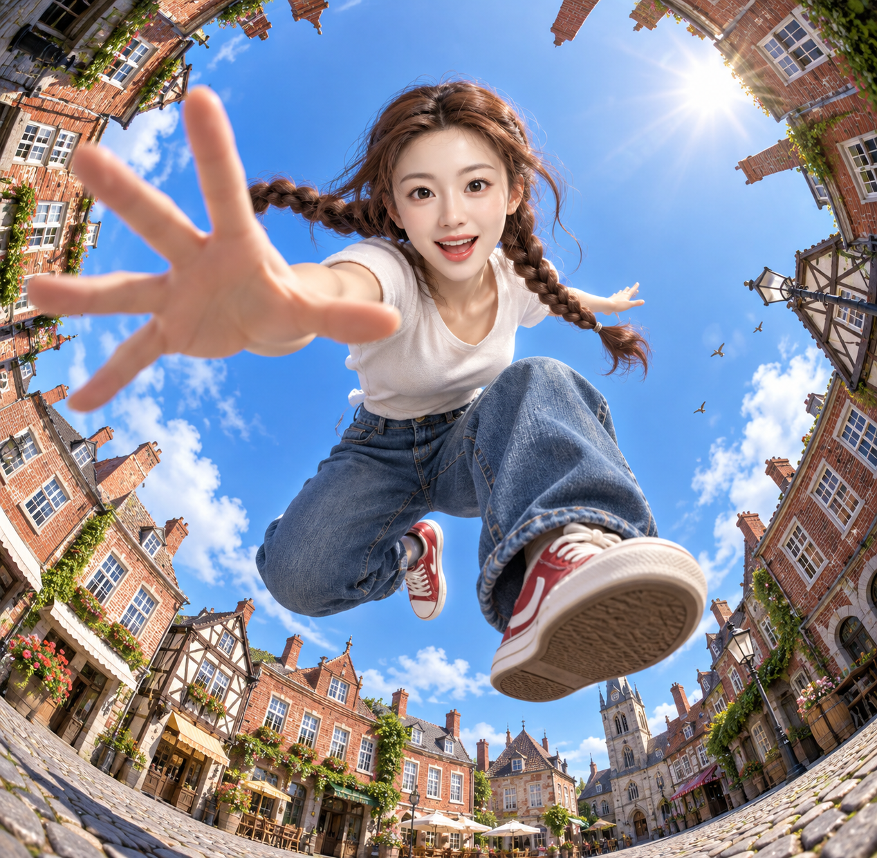 鱼眼仰视下跃向镜头的3D城市广场人像 — AI image creation