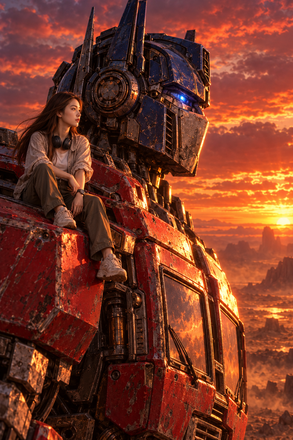 夕阳照耀下成年女性坐在擎天柱肩上的史诗场景 — AI image creation
