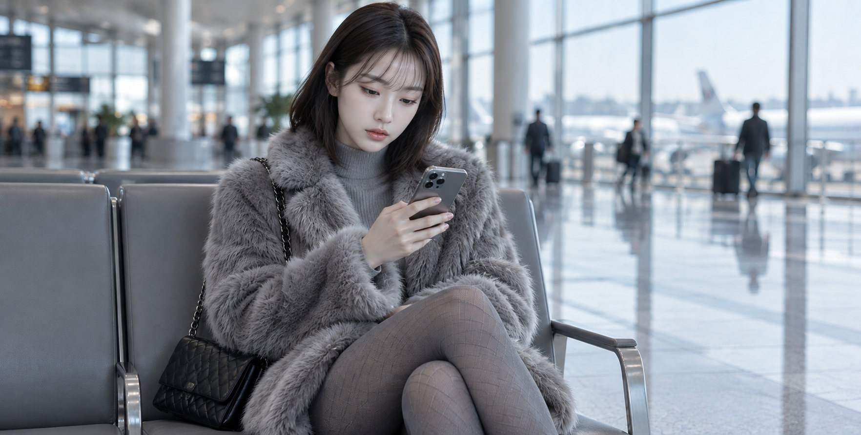 Portrait quotidien gris élégant dans un hall d'aéroport