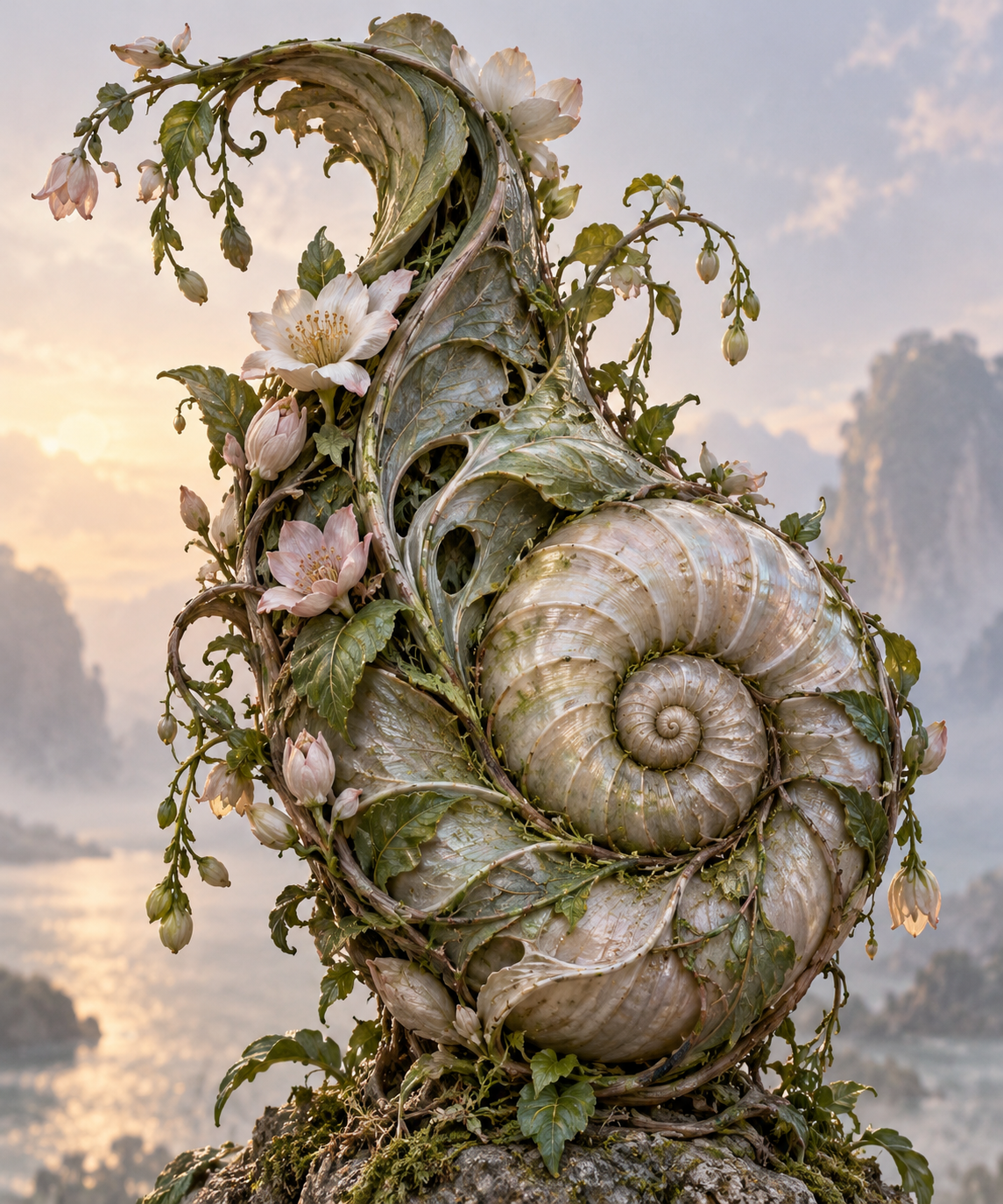 Spiral Shell Sculpture Interwoven with Vines and Flowers