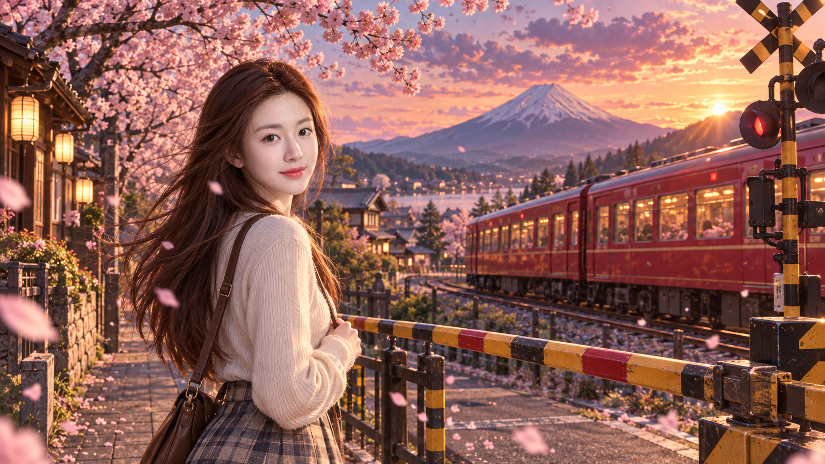 桜の季節、富士山の下の赤い列車と大人の旅人