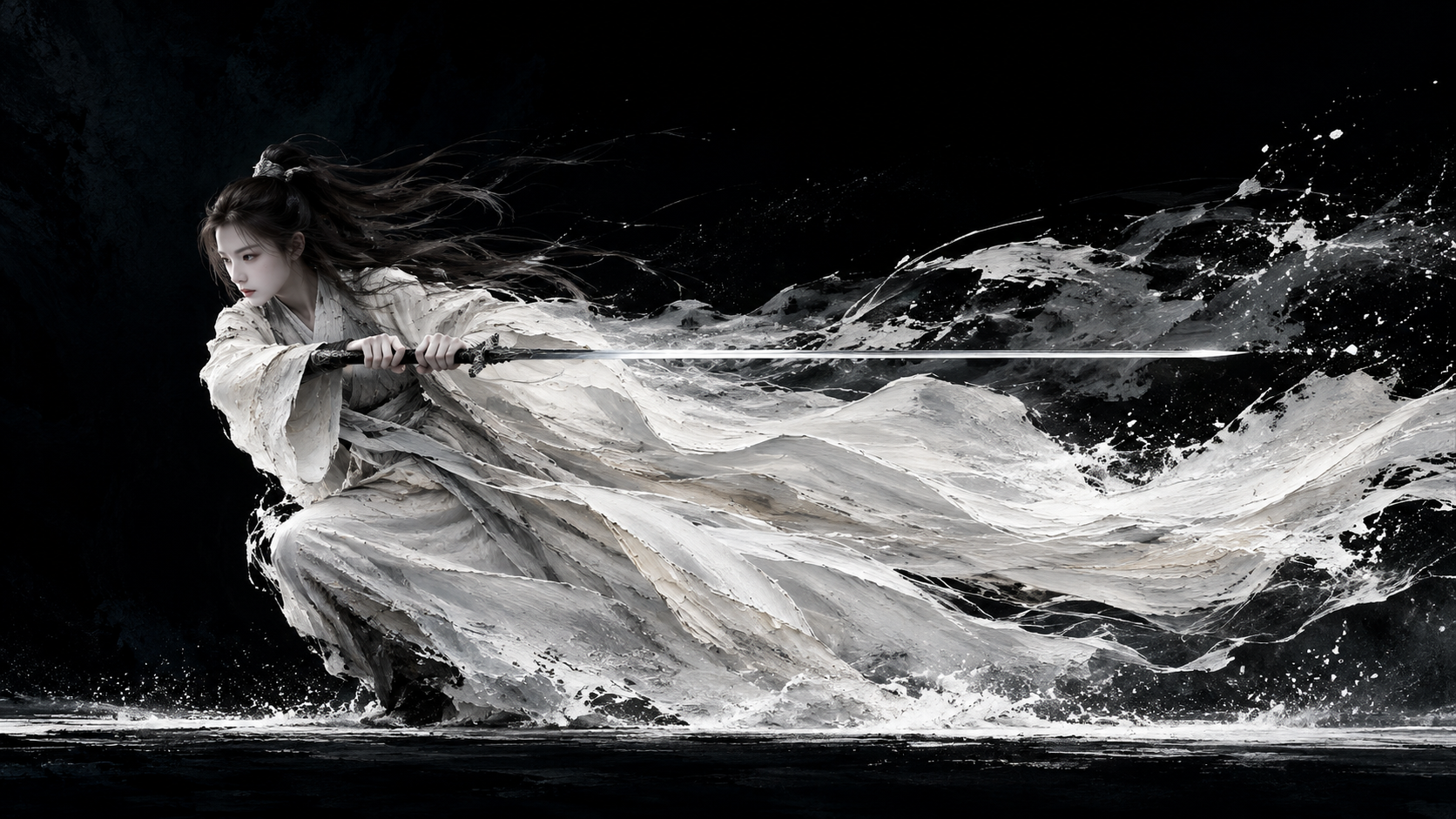 黑色留白中白袍剑客横向疾掠水墨概念画 — AI image creation