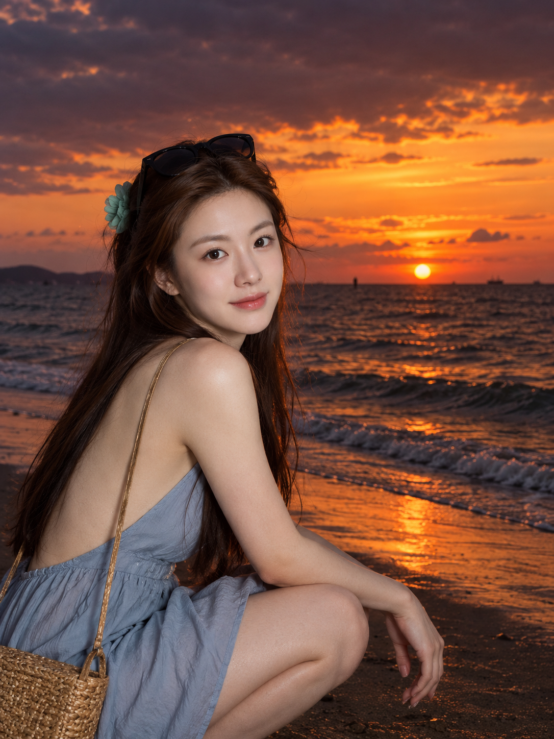 해변 일몰을 배경으로 한 성인 동아시아 여성 인물 사진 — AI image creation