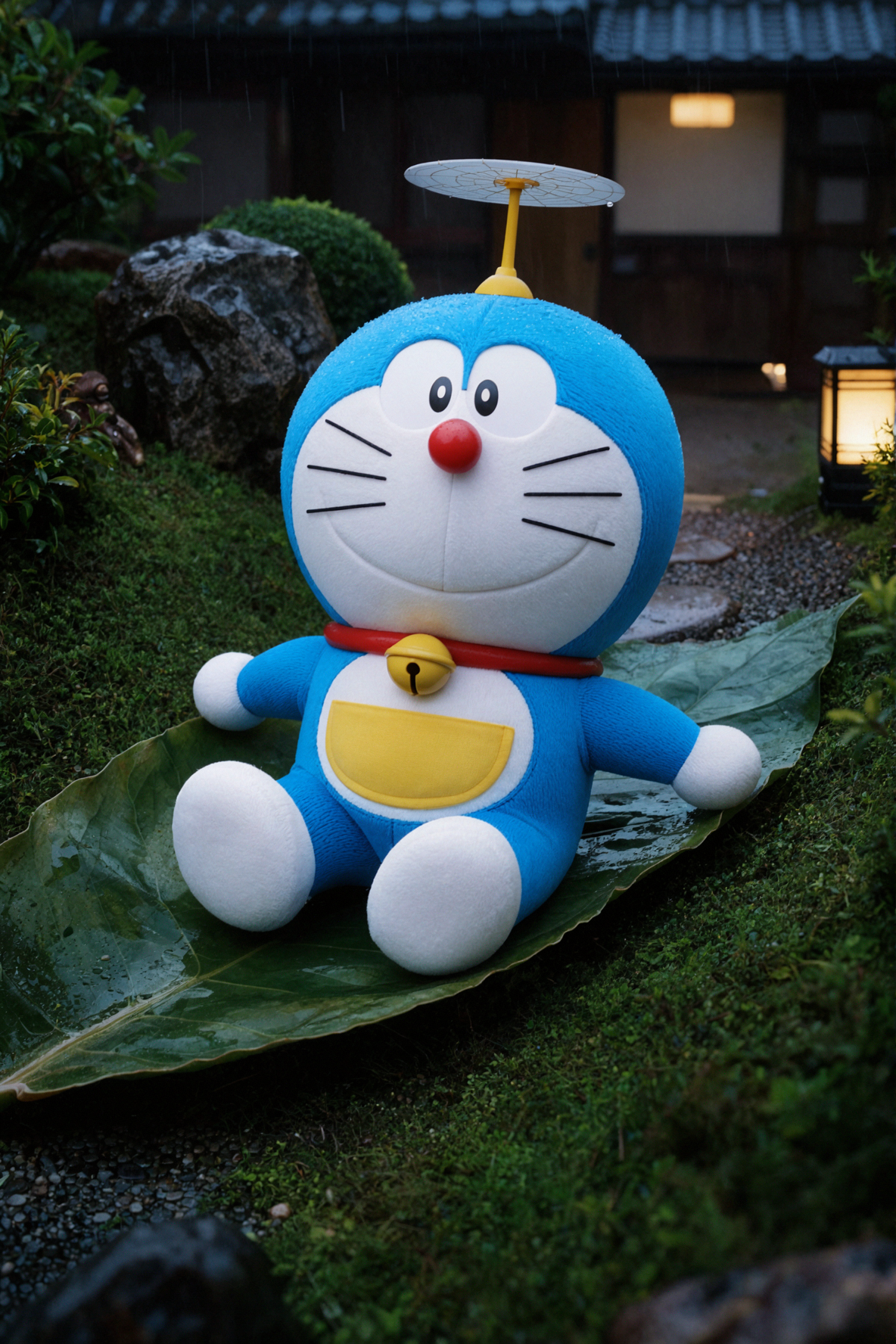 Doraemon · Glissade sur les feuilles · Grand angle rapproché