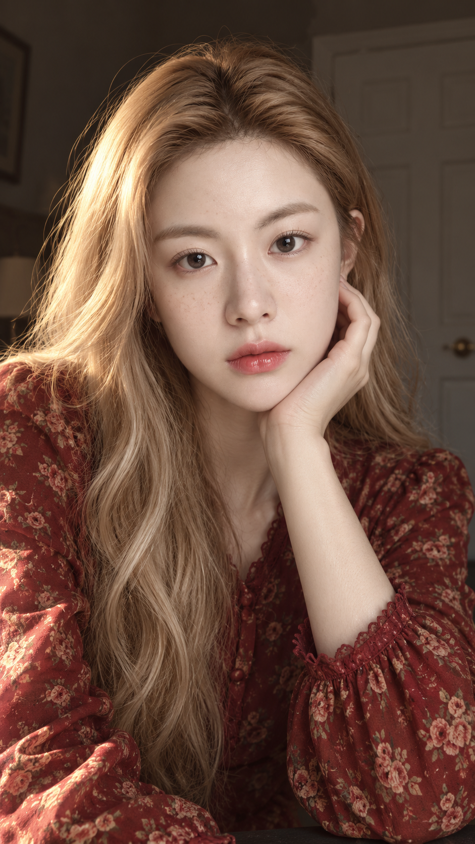황금빛 햇살 아래 주근깨 있는 여성 클로즈업 초상