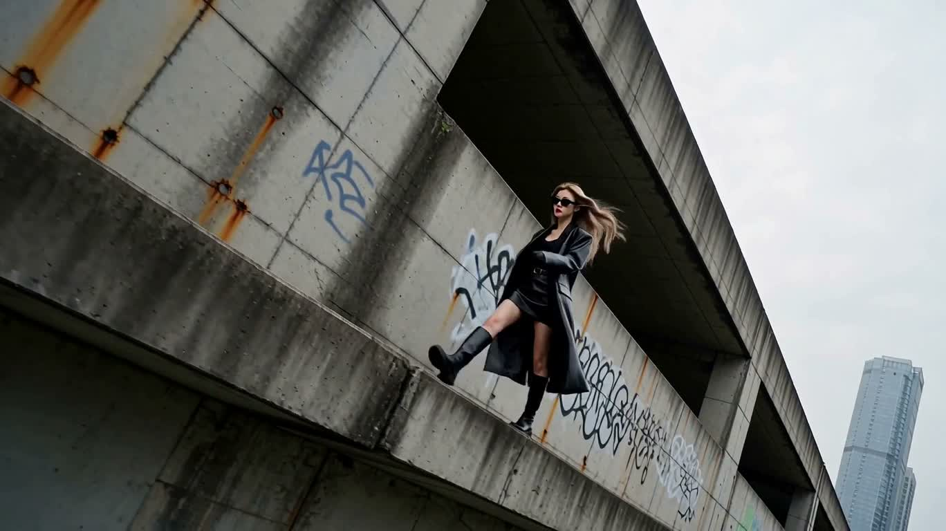 Trench-coat noir sur une passerelle inclinée