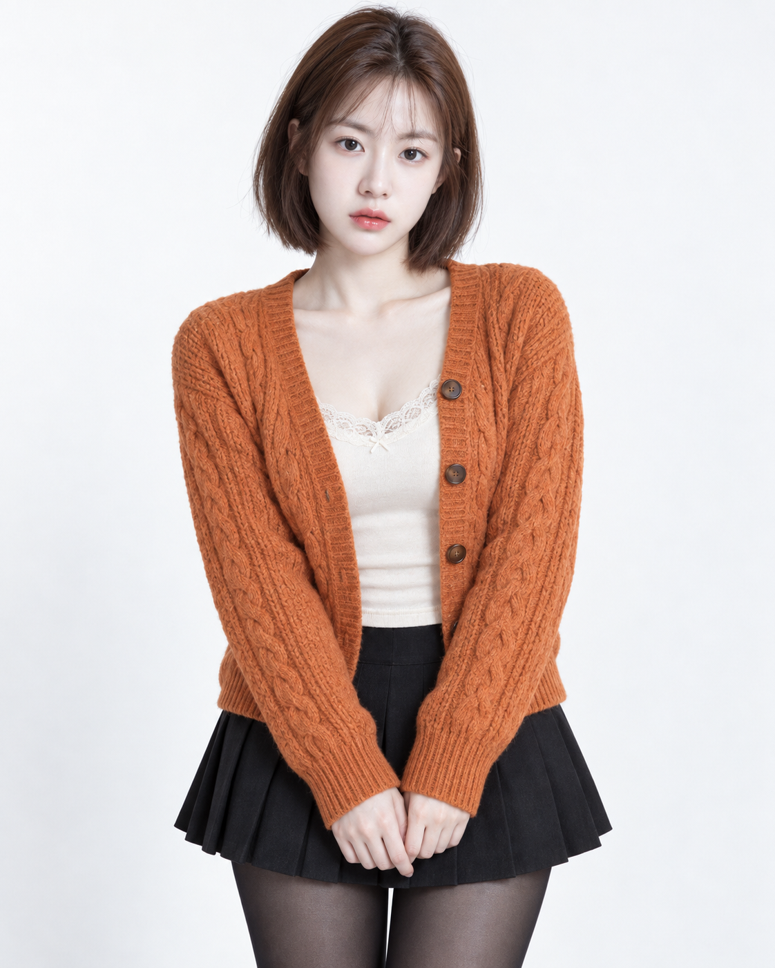 Korean Fashion Portrait in Orange Cable-Knit Cardigan Before White Backdrop