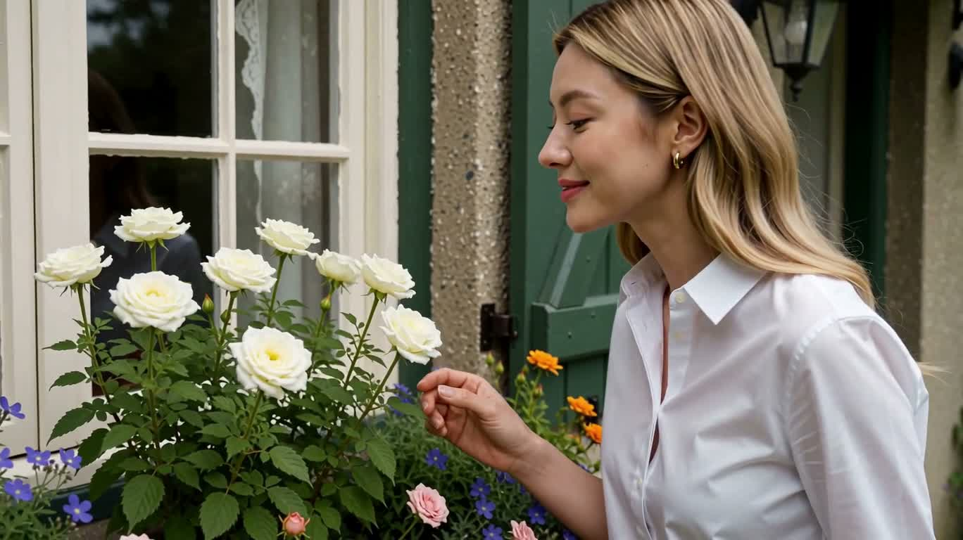 スイス人金髪女性と英国式窓辺の花箱