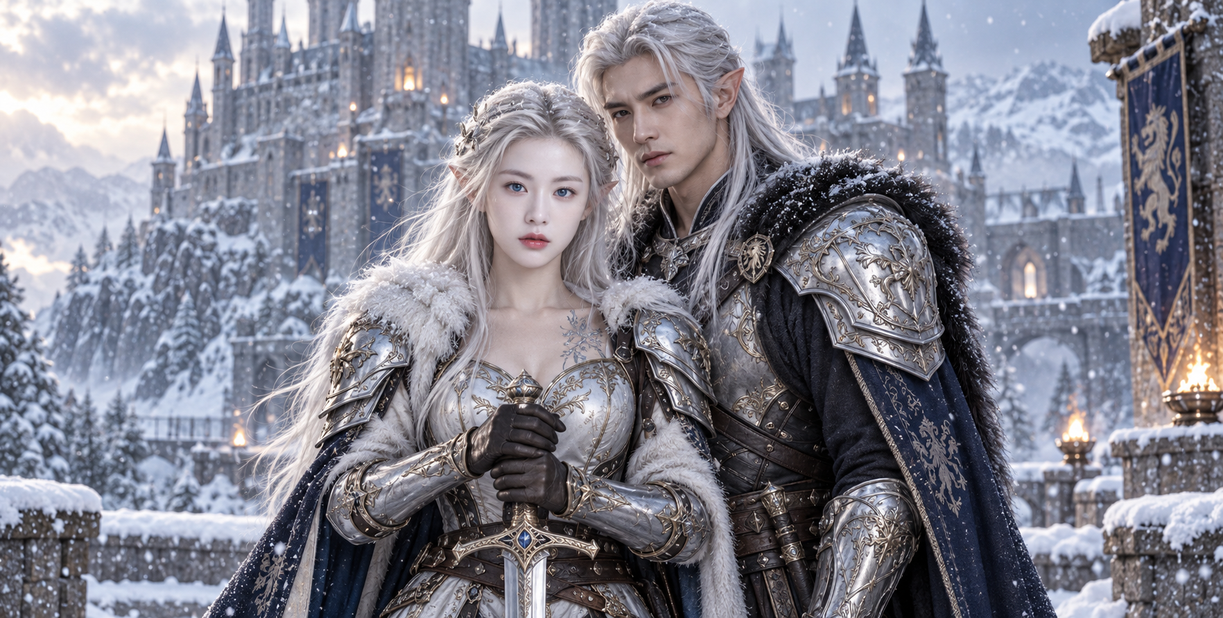 Portrait d'un couple de guerriers elfes devant un château enneigé