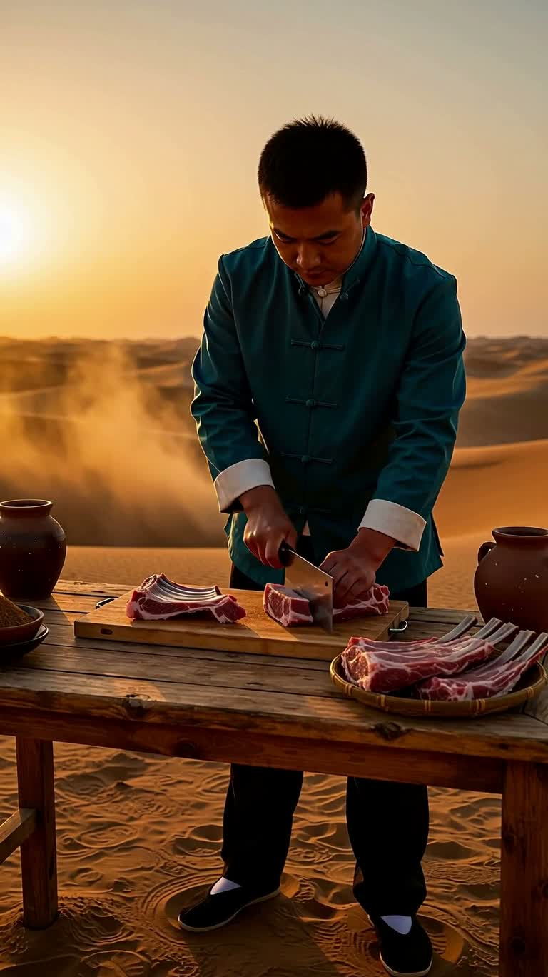 Côtelettes d'agneau rôties kung-fu sous le coucher de soleil du désert