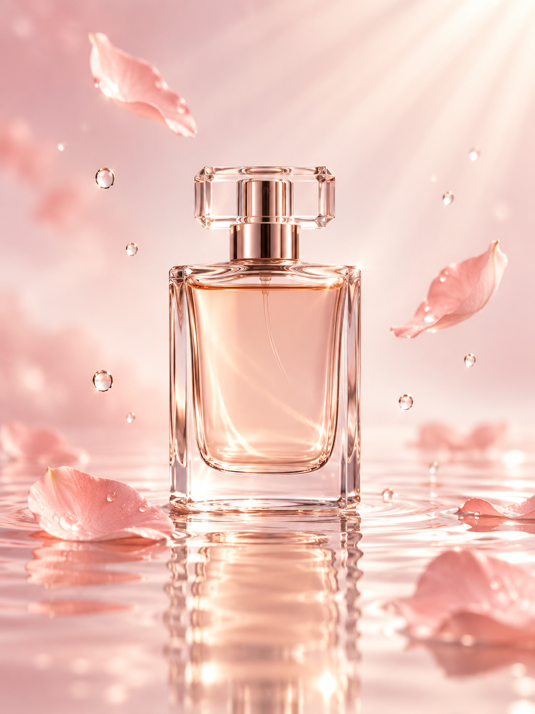 Nature morte commerciale de parfum or rose