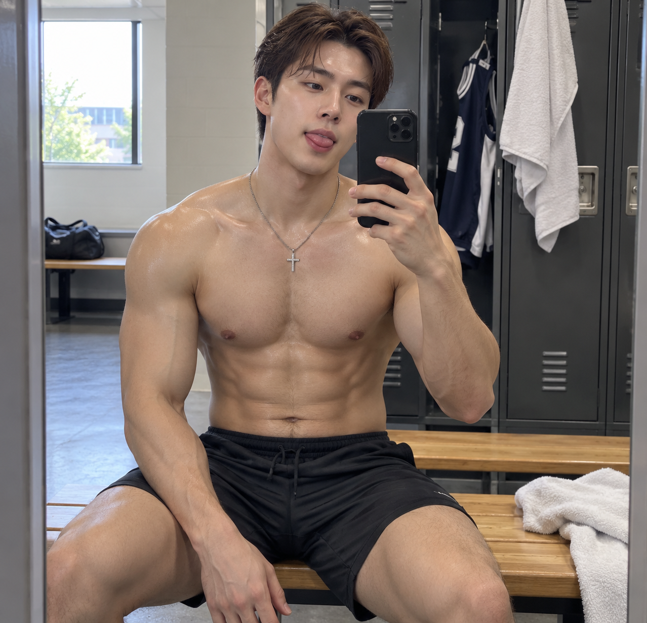 Adult man's mirror selfie in the locker room after a workout — AI image creation