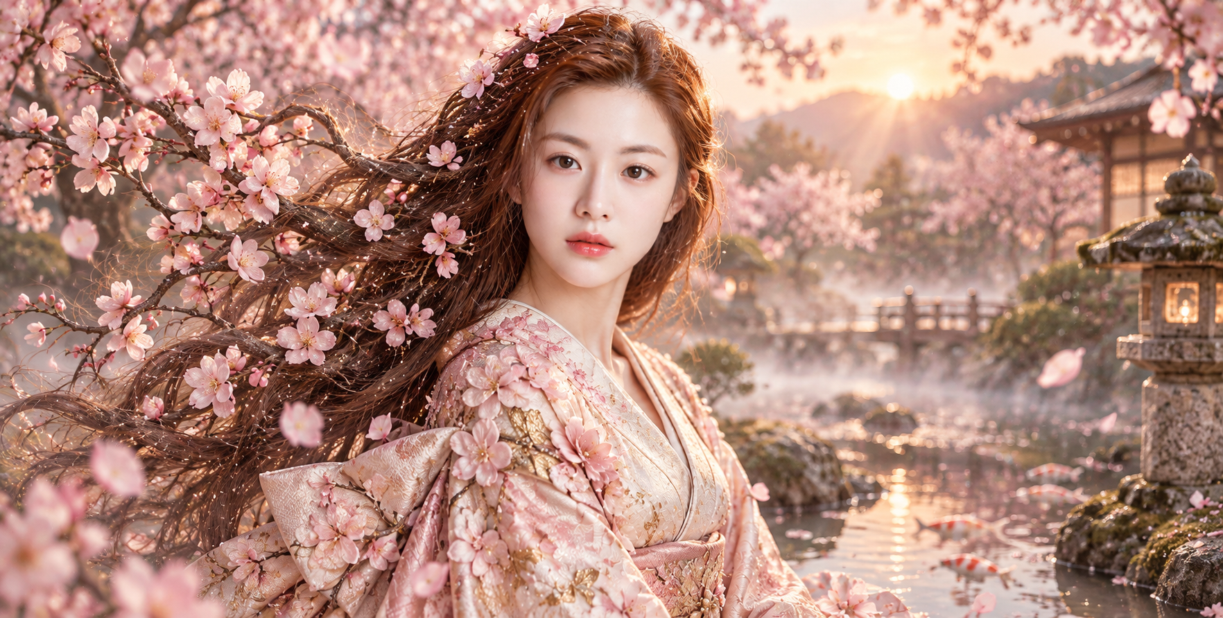 樱花绽放与和服美人的梦幻融合