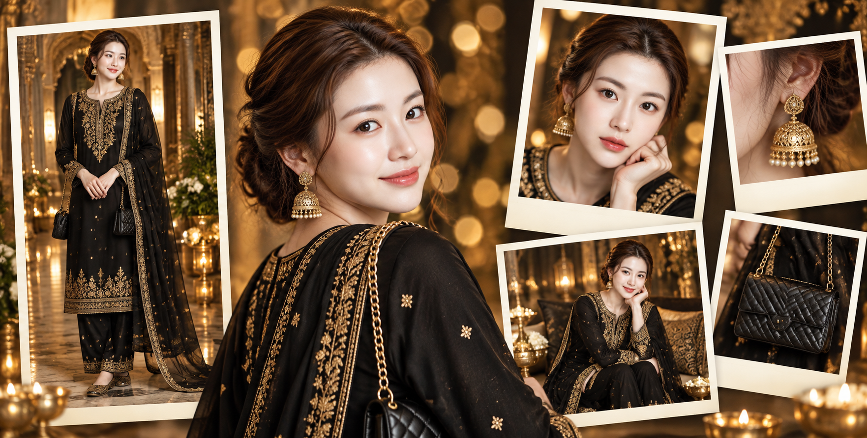 奢华黑金南亚成年女性时尚拼贴 — AI image creation