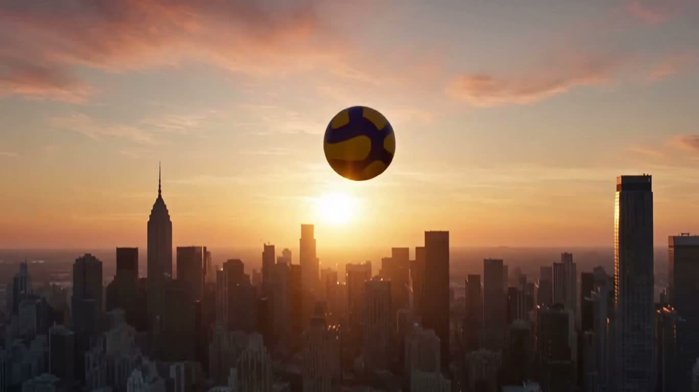 夕暮れの高空バレーボール決勝スパイク