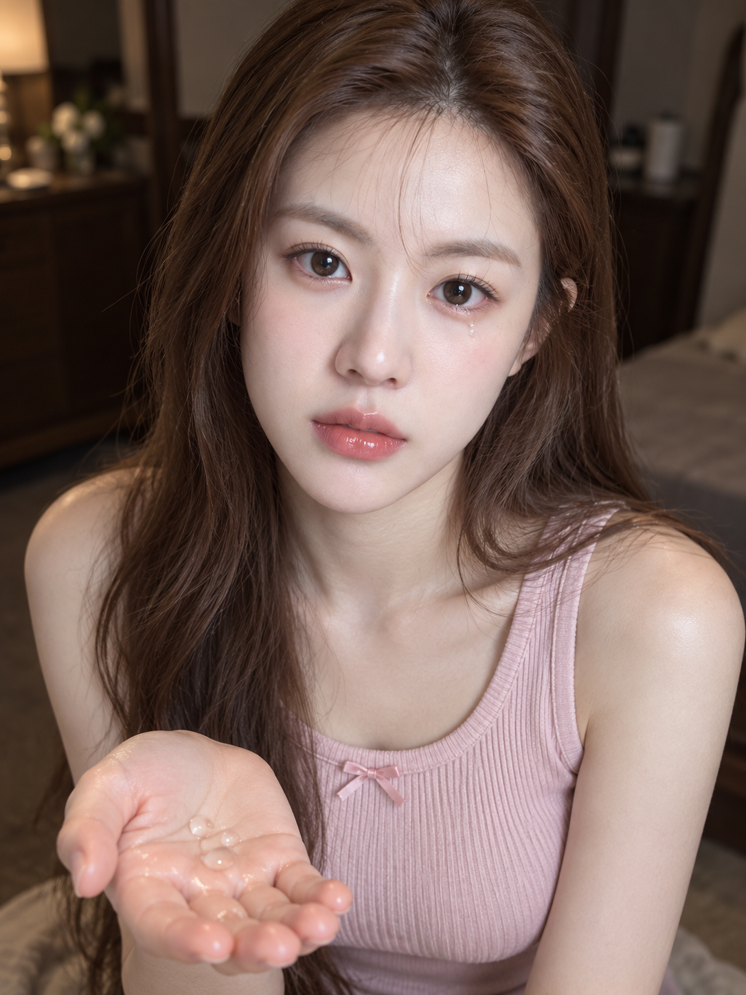 손바닥 위 물방울과 연한 갈색 물결 머리의 근접 초상화