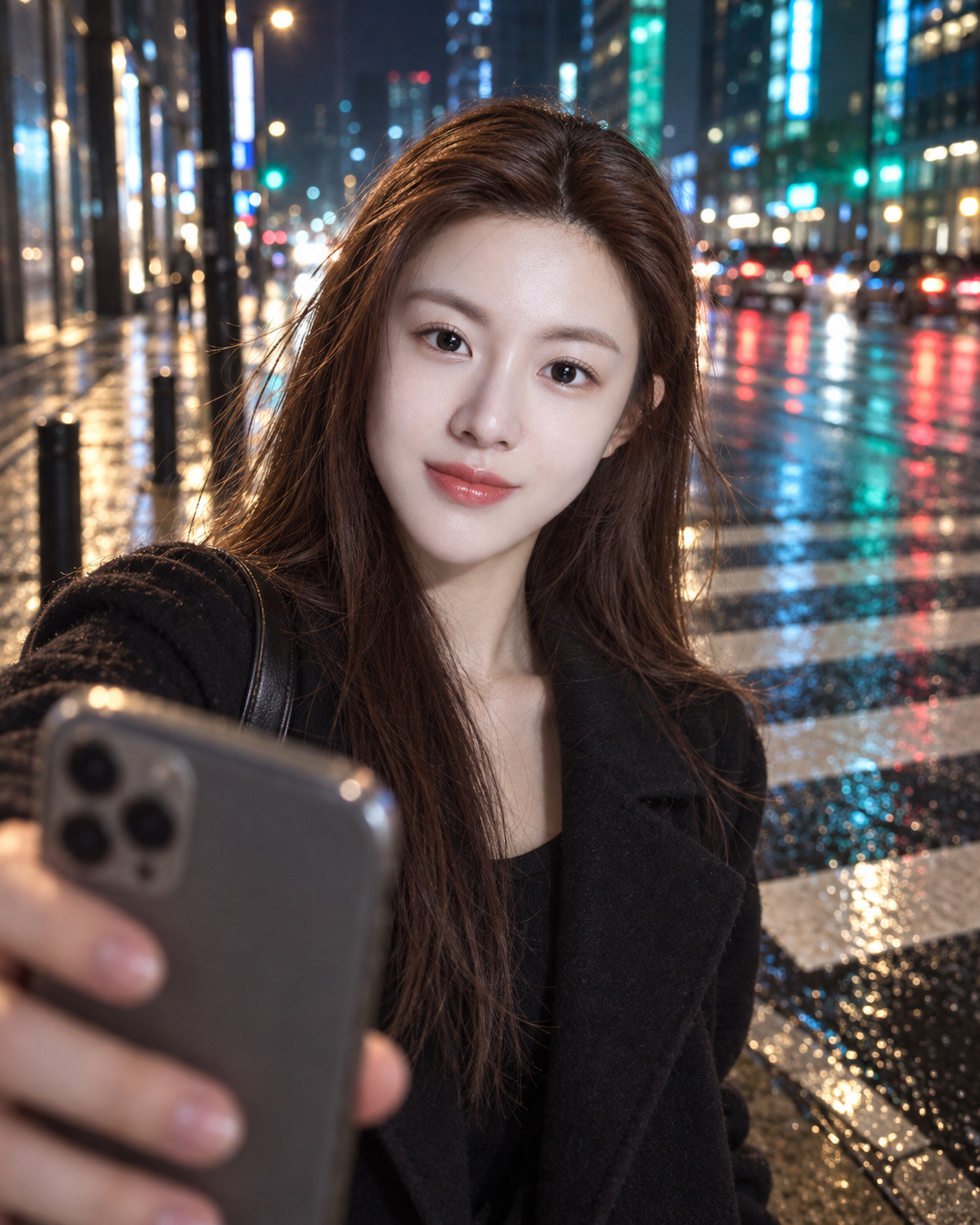 霓虹雨夜人行横道边的手机自拍人像