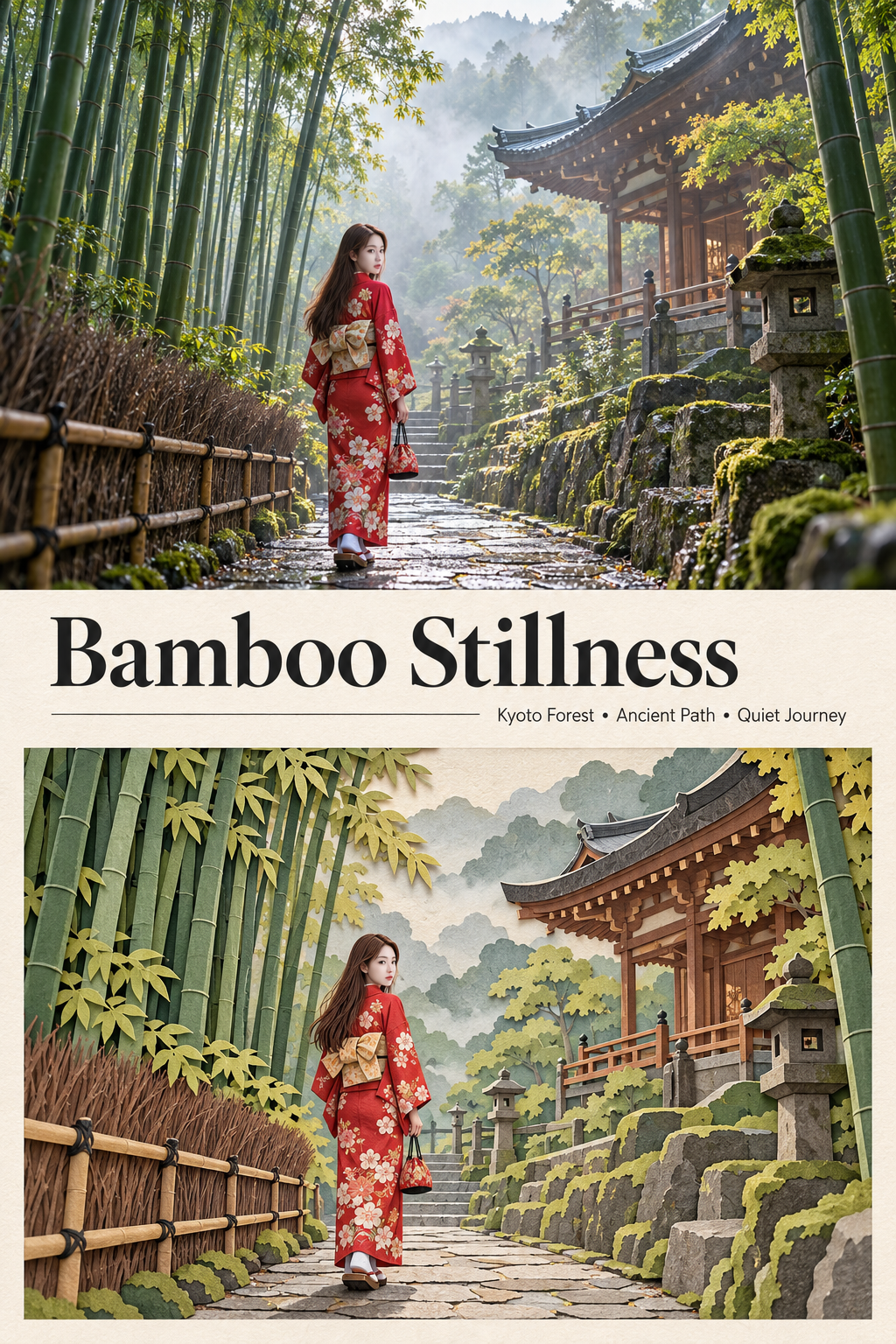 京都竹林摄影与同场景立体纸雕分栏旅行海报 — AI image creation