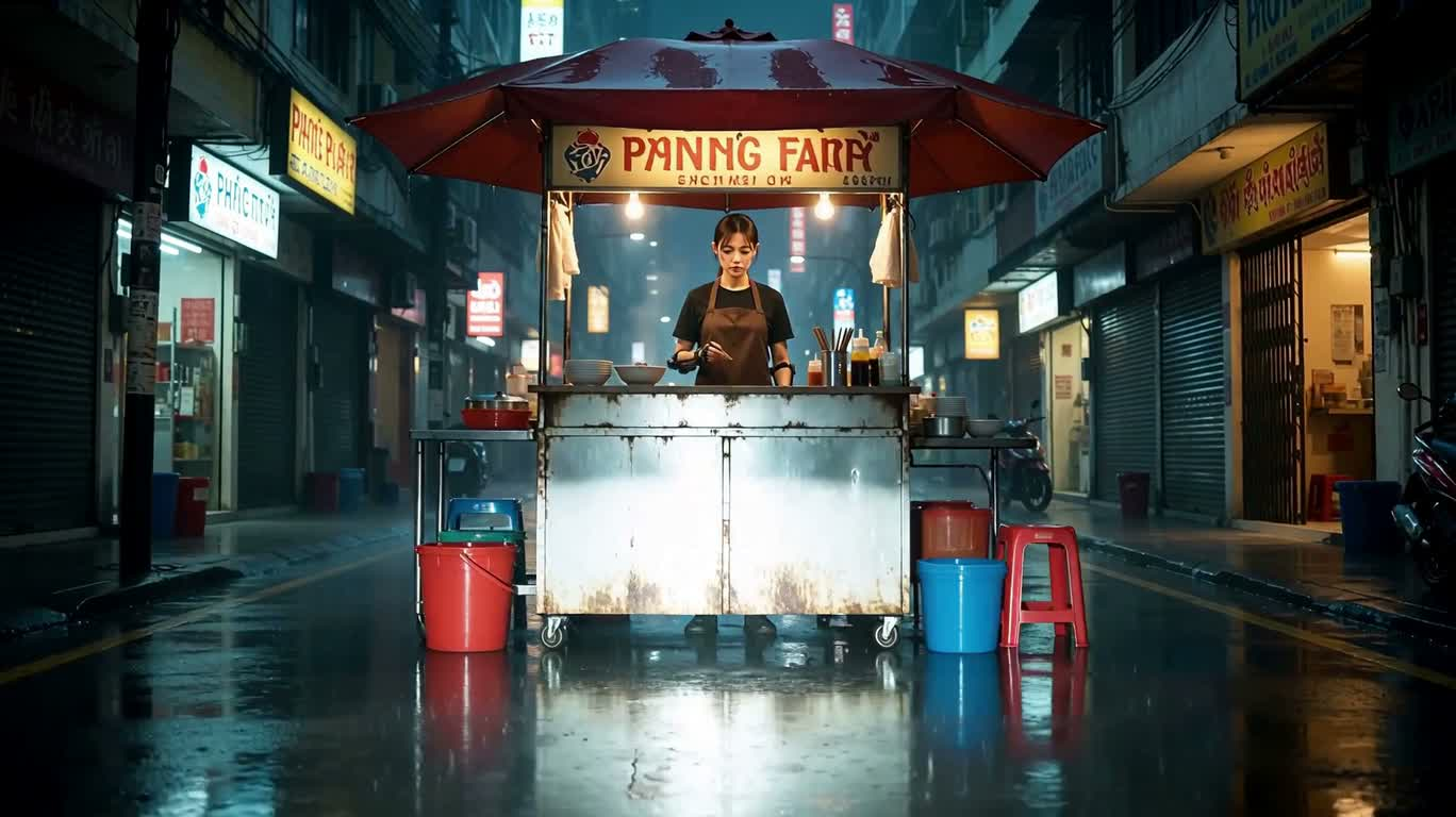 雨夜霓虹下的一碗热汤粉