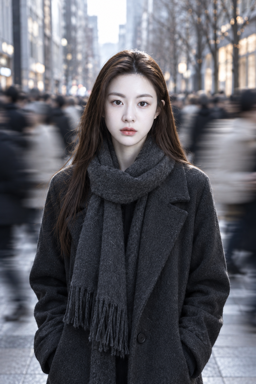 穿行人流中的静立都市肖像 — AI image creation