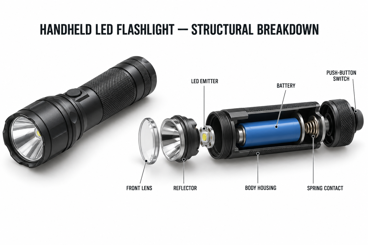 Exploded Infographic of a Handheld LED Flashlight — AI image creation