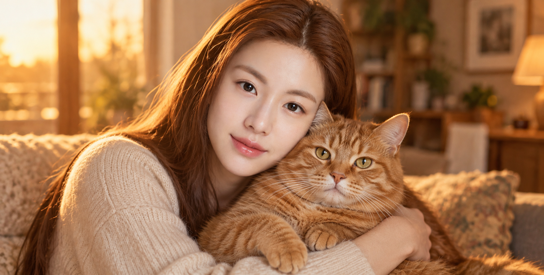 Người đàn ông trưởng thành nhẹ nhàng ôm chú mèo vàng dưới ánh hoàng hôn ấm áp