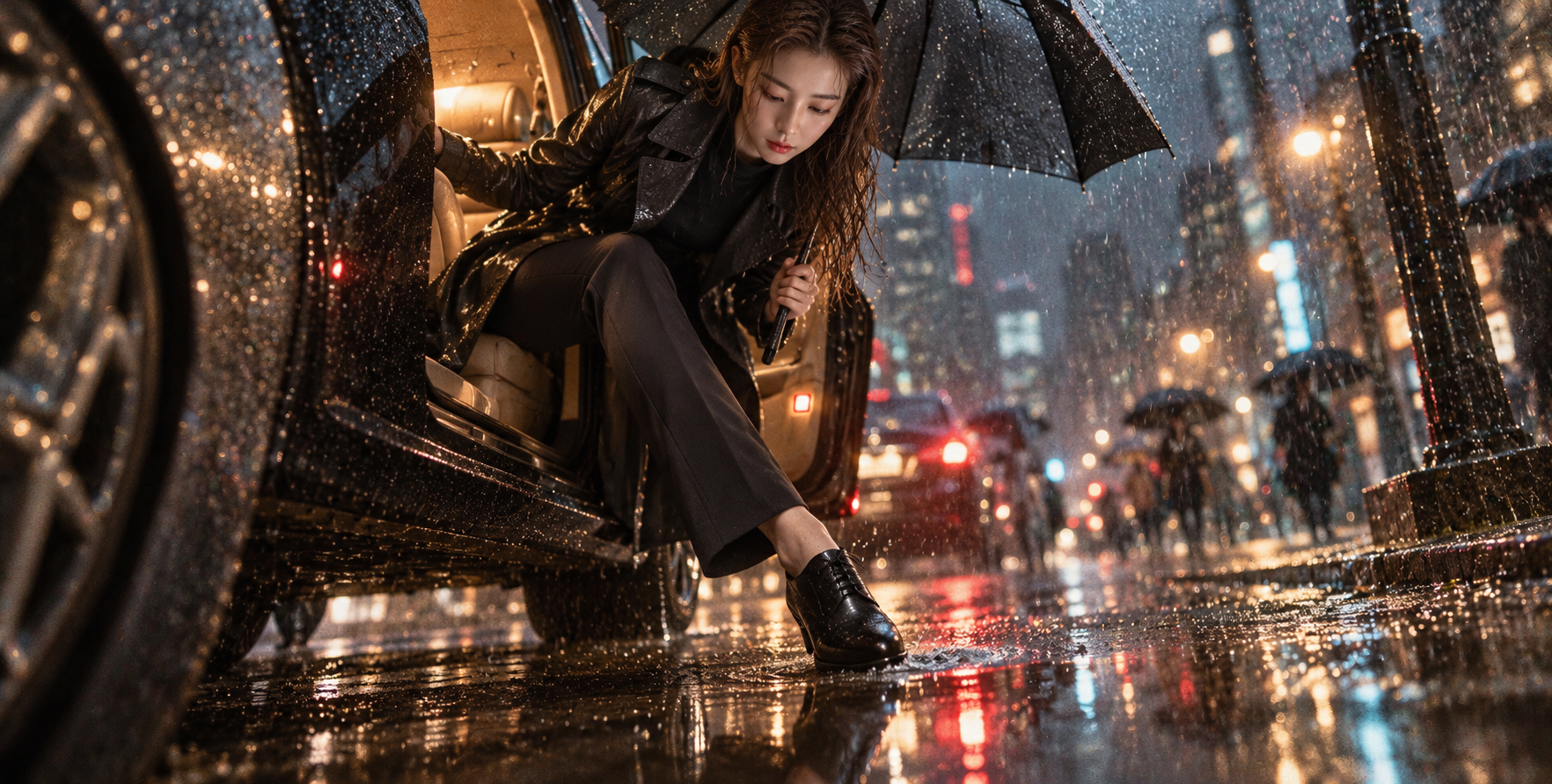 Low-Angle Rainy Night Fashion Shot by the Car — AI image creation