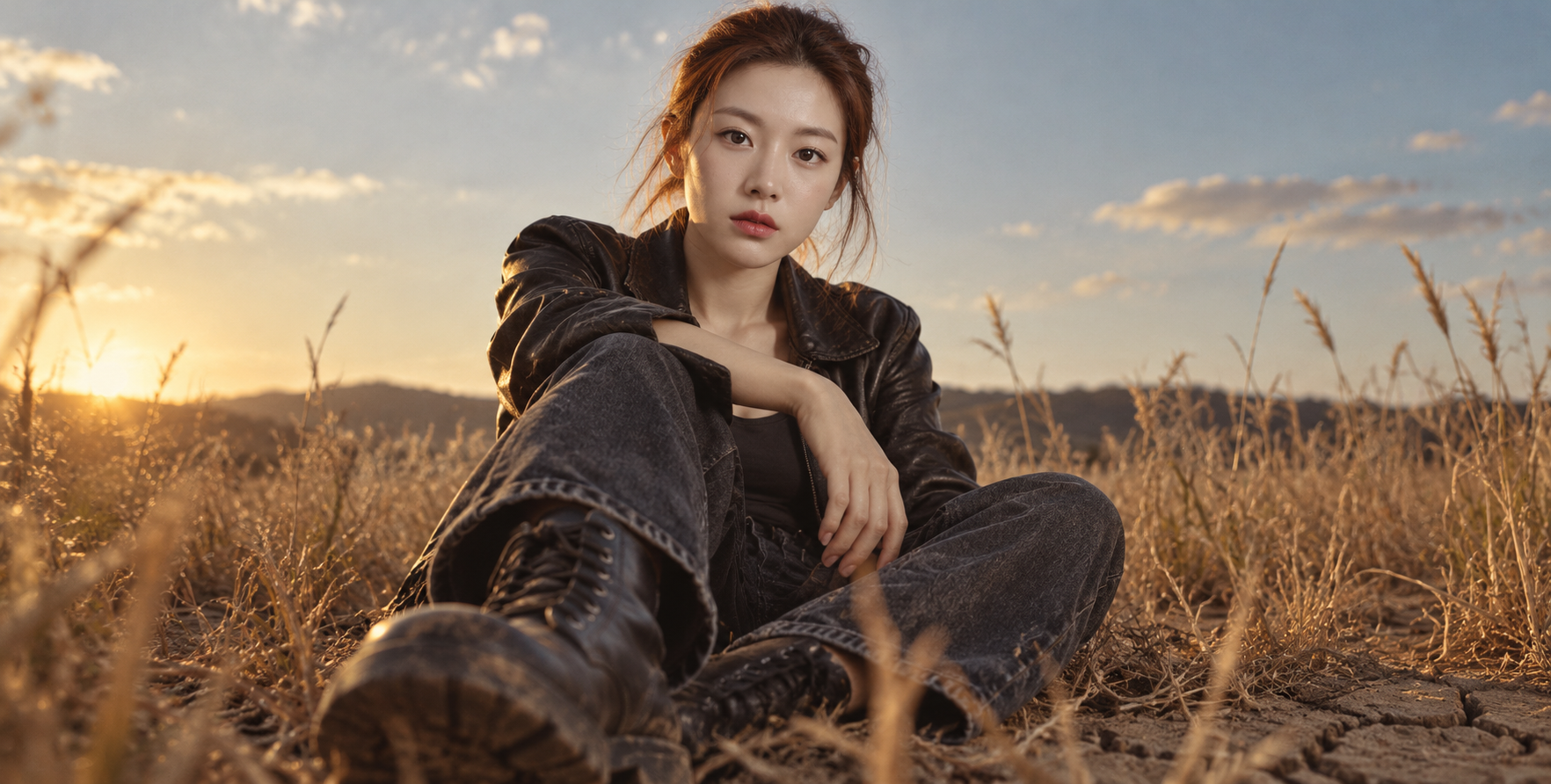 黄金时刻荒野中的成年女性低角度肖像