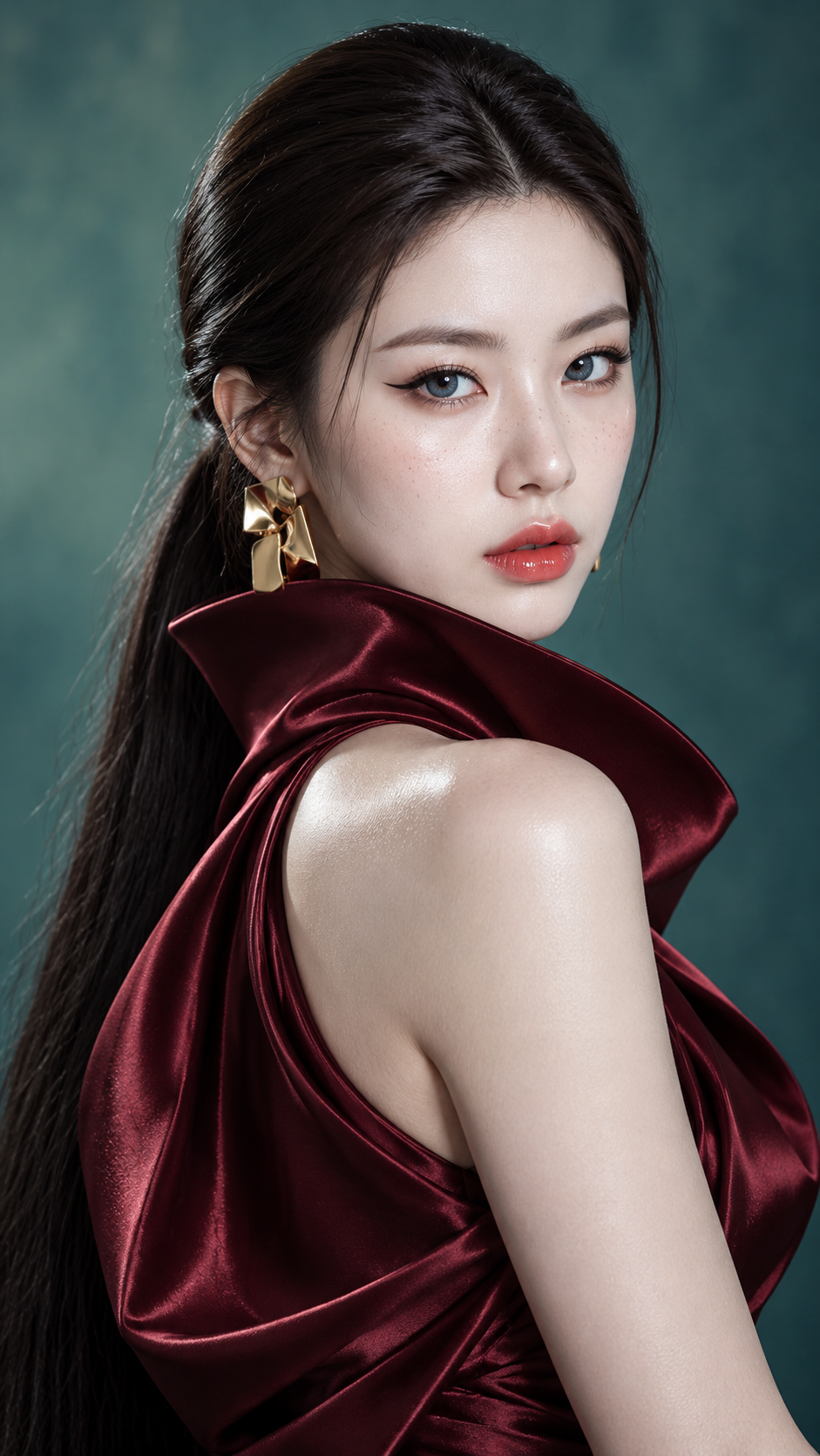 Fashion portrait of a figure glancing back in a wine-red satin sculptural gown