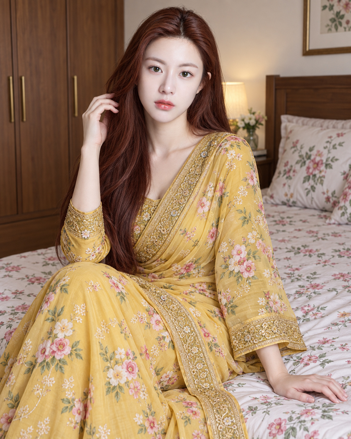 红发成年女性黄色花卉纱丽卧室人像 — AI image creation