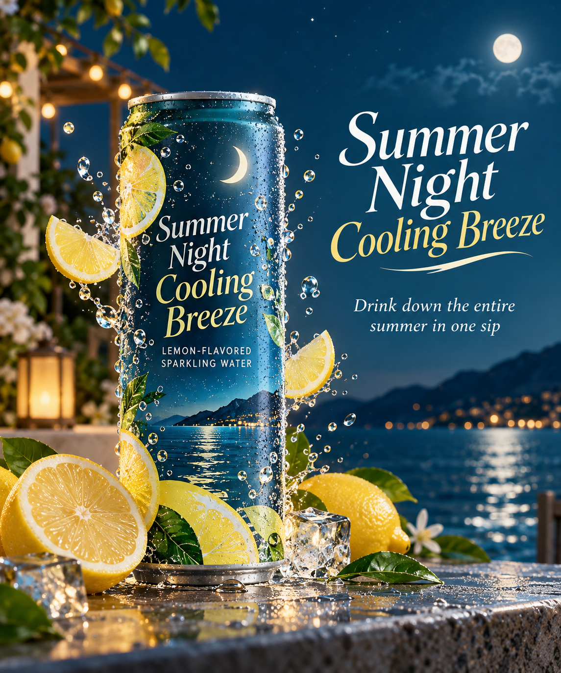 Summer Night Lemon Sparkling Water E-commerce Key Visual — AI image creation