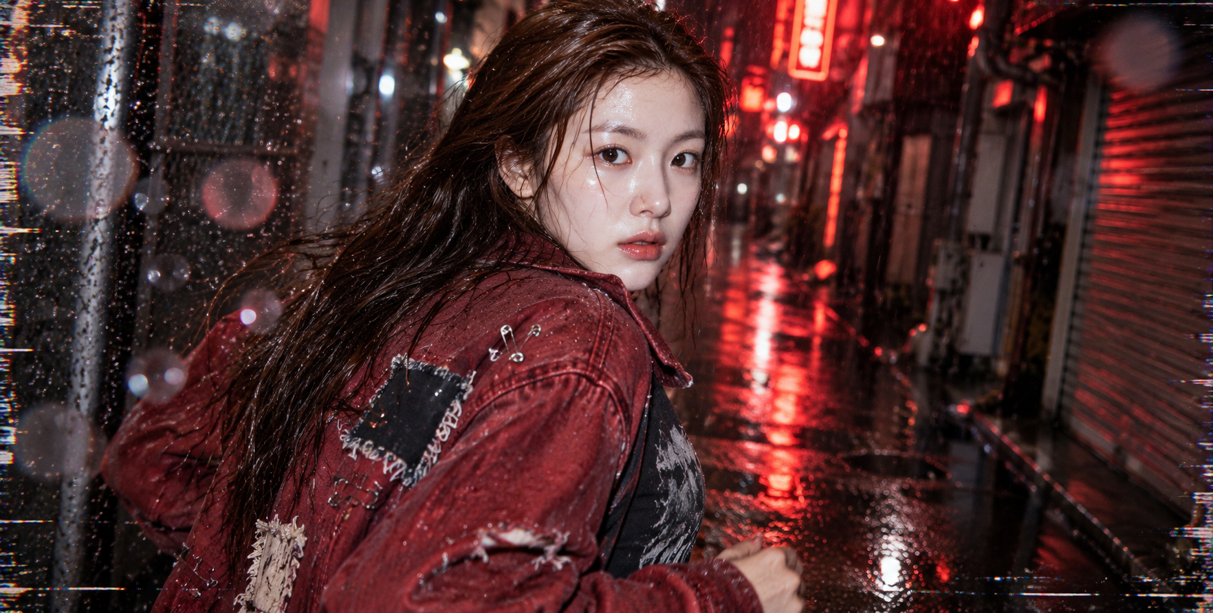 비 오는 밤 네온 골목의 펑크 스트리트 패션 스냅