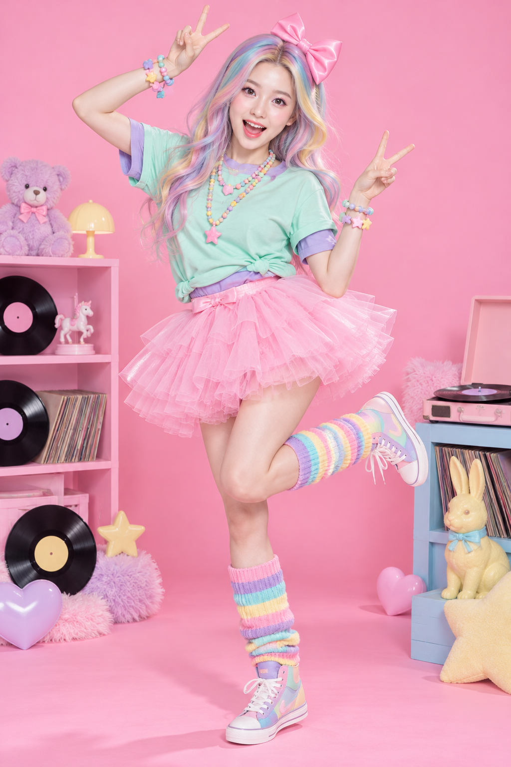 Mẫu chân dung thời trang rực rỡ phong cách retro pastel với tóc cầu vồng