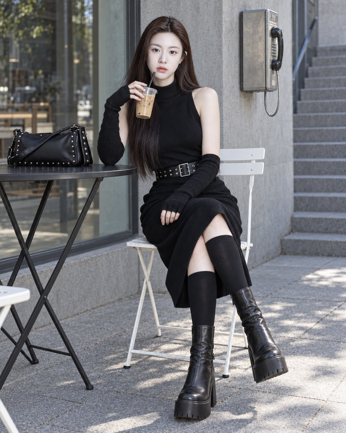 极简咖啡馆黑色中长裙成年女性街拍 — AI image creation