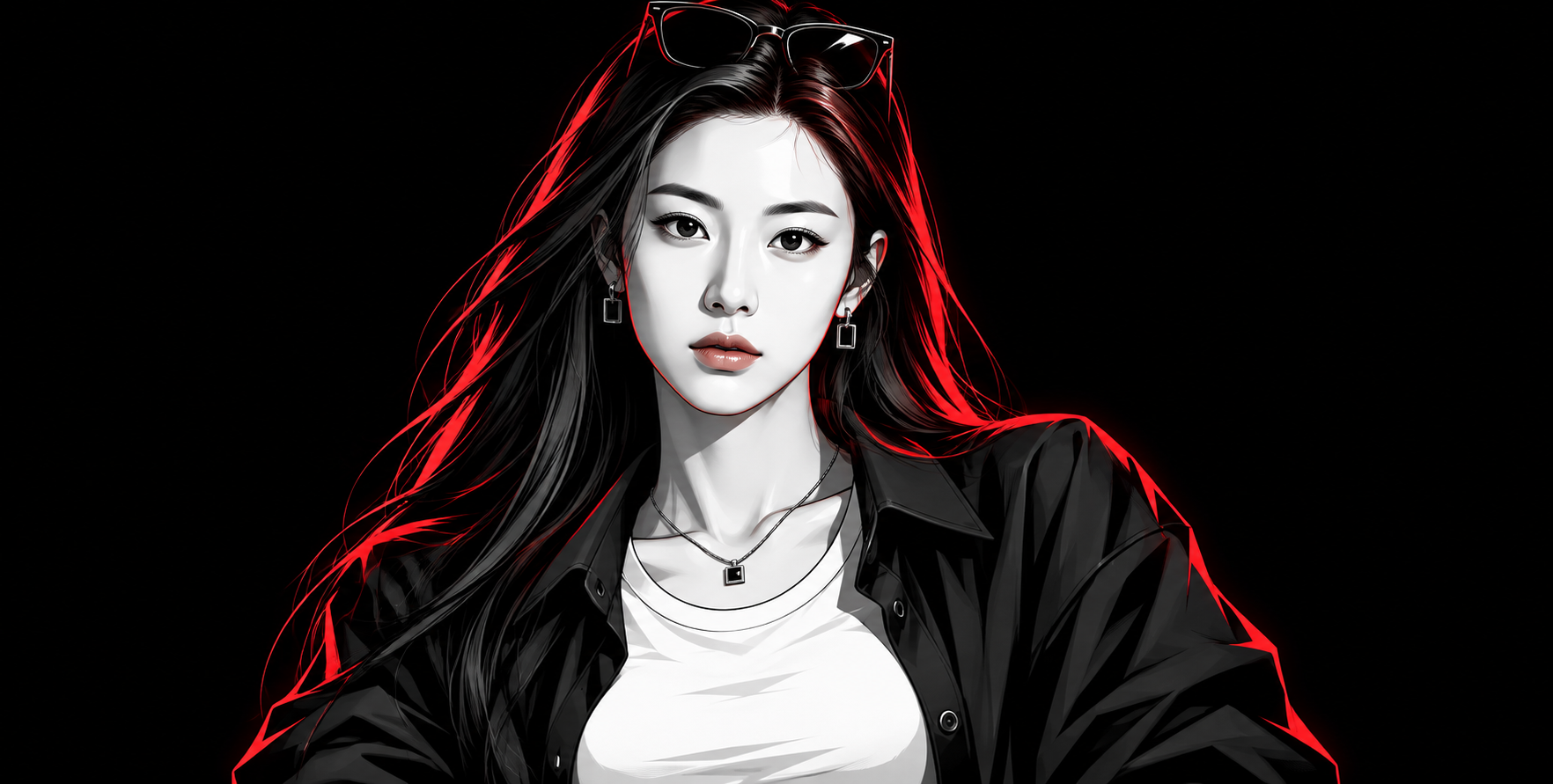 红霓虹边缘光黑白矢量成年女性肖像 — AI image creation
